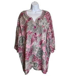 Ulla Popken Women's Gray Pink Embellished Tunic Top Est. Size 4X Maximalist Boho